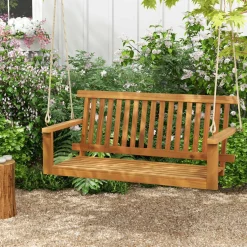 Tangkula 2 Person Hanging Porch Swing, Wooden Patio Swing
