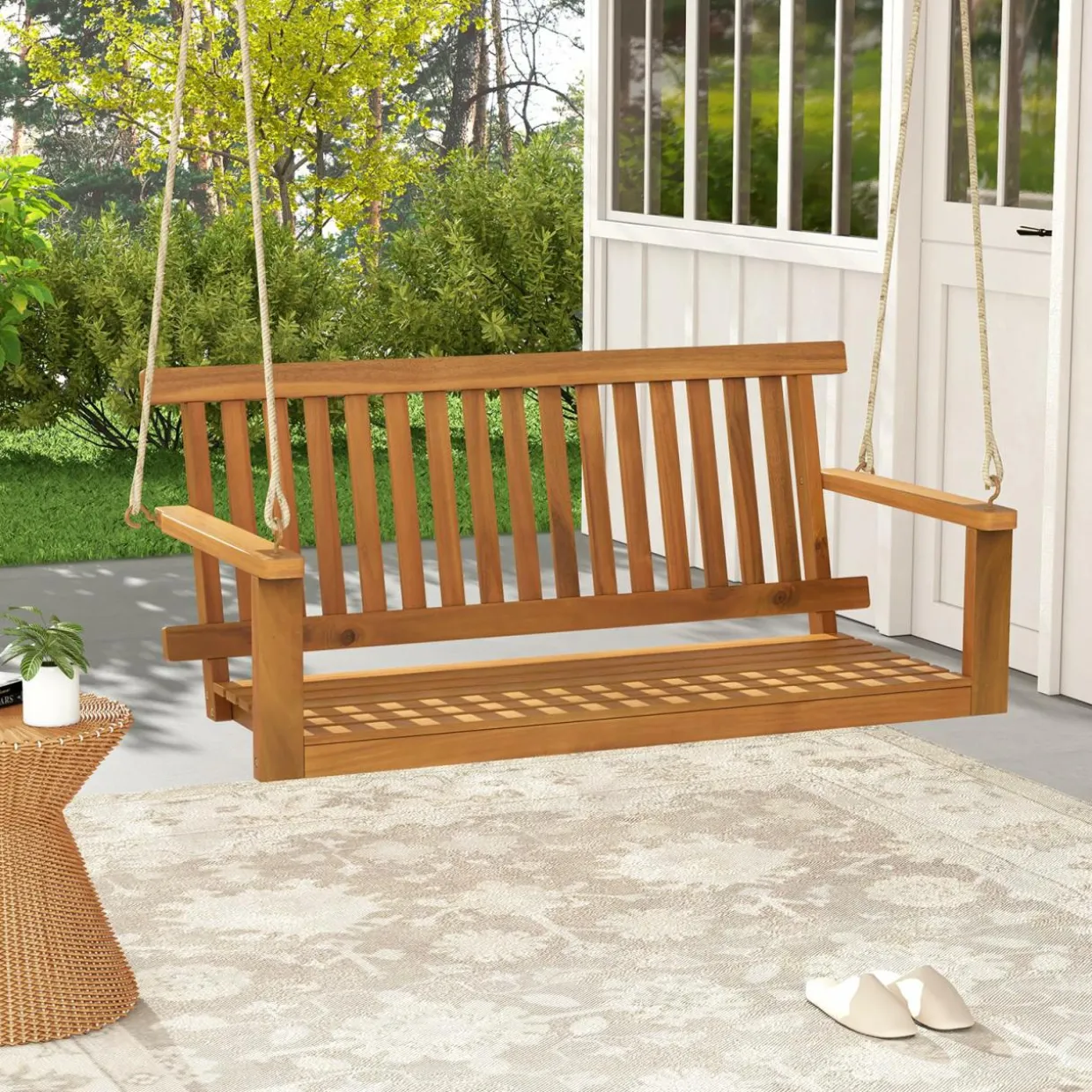 Tangkula 2 Person Hanging Porch Swing, Wooden Patio Swing