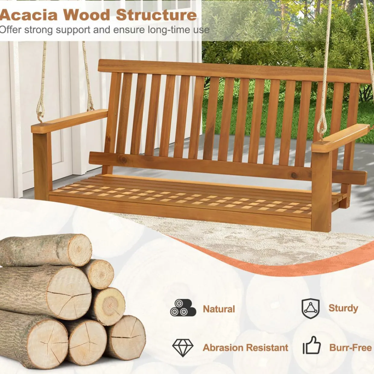 Tangkula 2 Person Hanging Porch Swing, Wooden Patio Swing