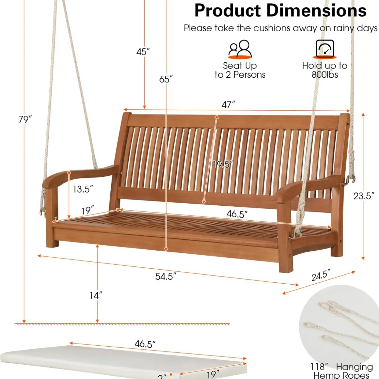 Tangkula 2 Person Hanging Porch Swing with Chains, High Back, Cozy Armrests, Heavy Duty 800Lbs