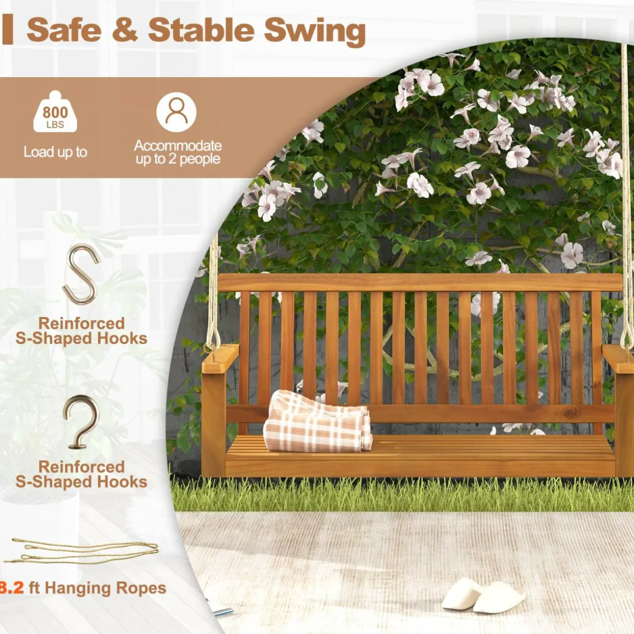 Tangkula 2 Person Hanging Porch Swing, Wooden Patio Swing