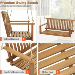Tangkula 2 Person Hanging Porch Swing, Wooden Patio Swing