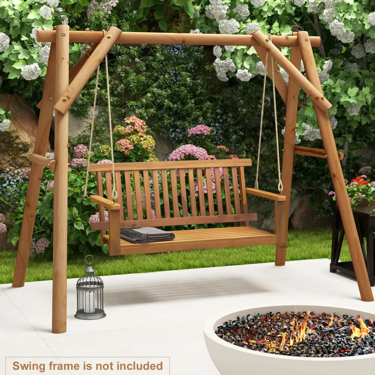 Tangkula 2 Person Hanging Porch Swing, Wooden Patio Swing
