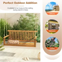 Tangkula 2 Person Hanging Porch Swing, Wooden Patio Swing