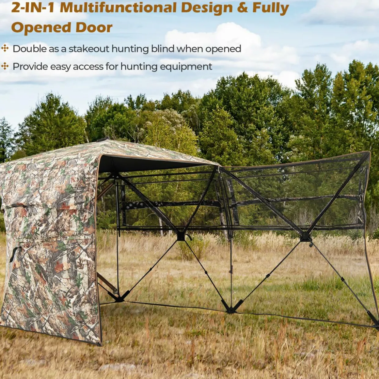 Tangkula 2-3 Person Hunting Blind with Full Open Door, 360 Degree See Through Ground Blind with Silent Slide Windows