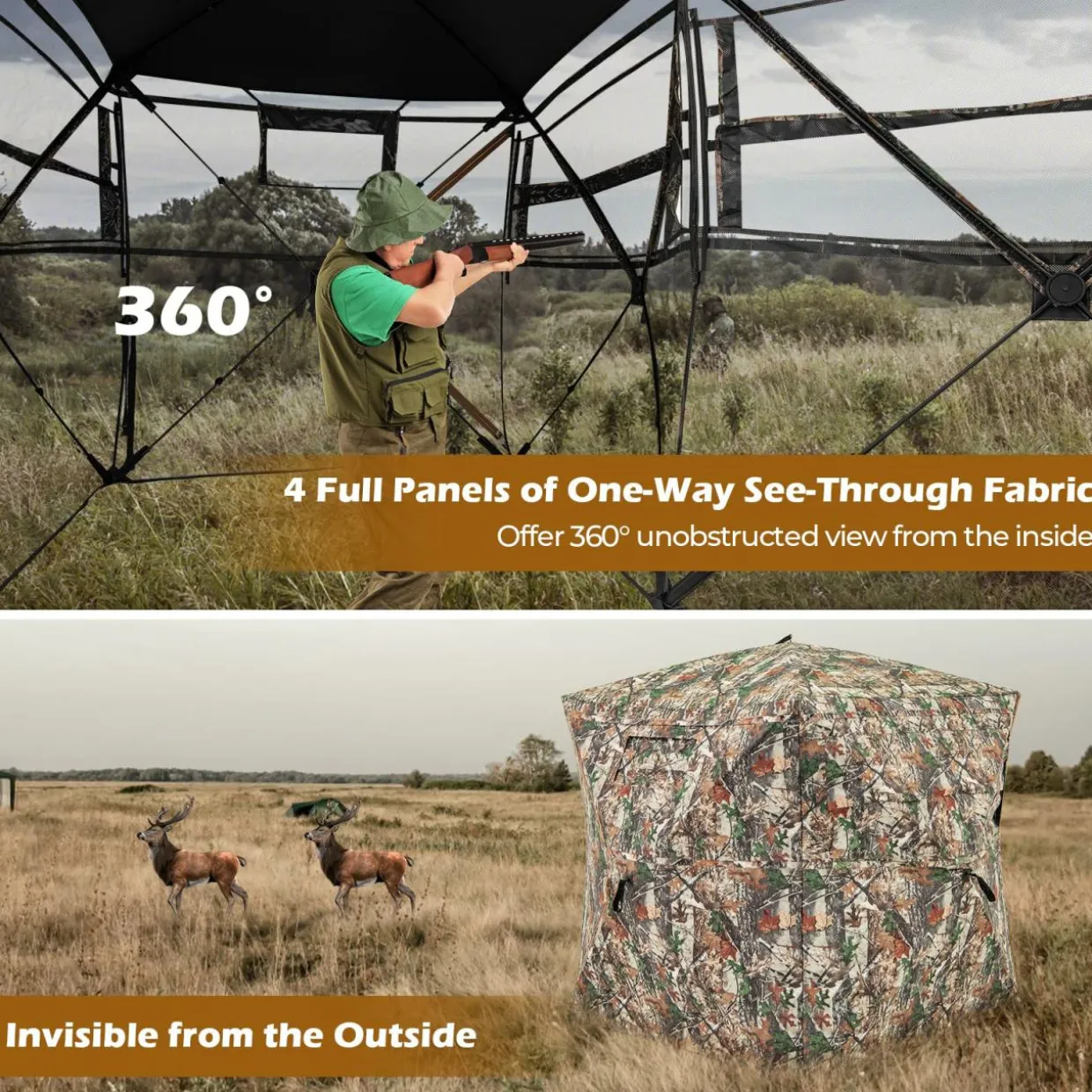 Tangkula 2-3 Person Hunting Blind with Full Open Door, 360 Degree See Through Ground Blind with Silent Slide Windows