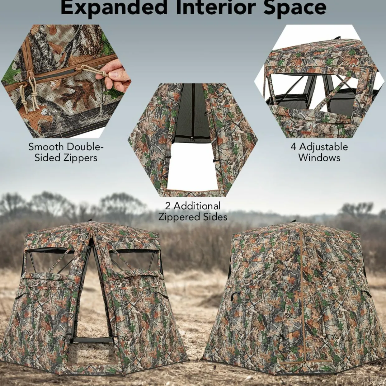 Tangkula 2-3 Person Hunting Blind, 360 Degree See Through Ground Blind with 4 Silent Slide Windows