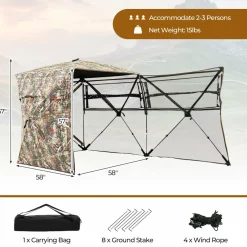 Tangkula 2-3 Person Hunting Blind with Full Open Door, 360 Degree See Through Ground Blind with Silent Slide Windows