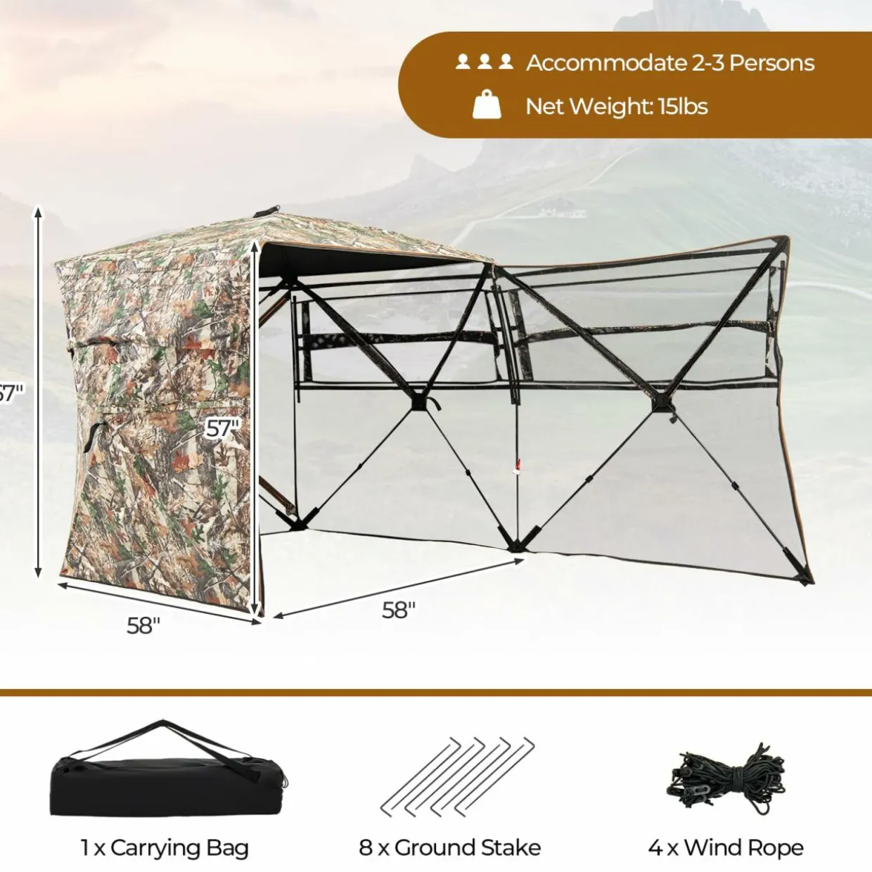 Tangkula 2-3 Person Hunting Blind with Full Open Door, 360 Degree See Through Ground Blind with Silent Slide Windows