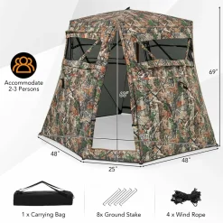 Tangkula 2-3 Person Hunting Blind, 360 Degree See Through Ground Blind with 4 Silent Slide Windows