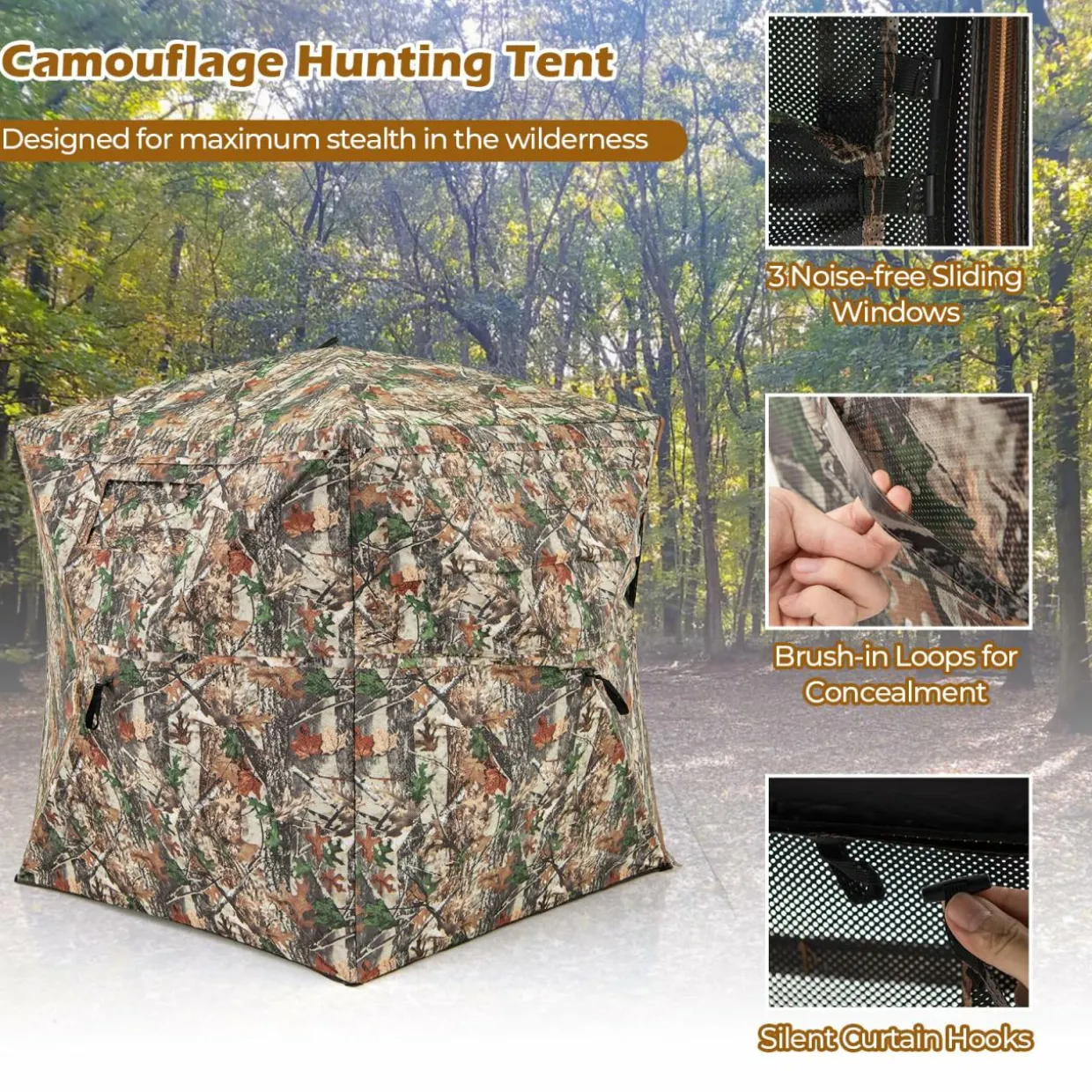 Tangkula 2-3 Person Hunting Blind with Full Open Door, 360 Degree See Through Ground Blind with Silent Slide Windows