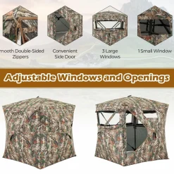 Tangkula 2-3 Person Hunting Blind with Full Open Door, 360 Degree See Through Ground Blind with Silent Slide Windows