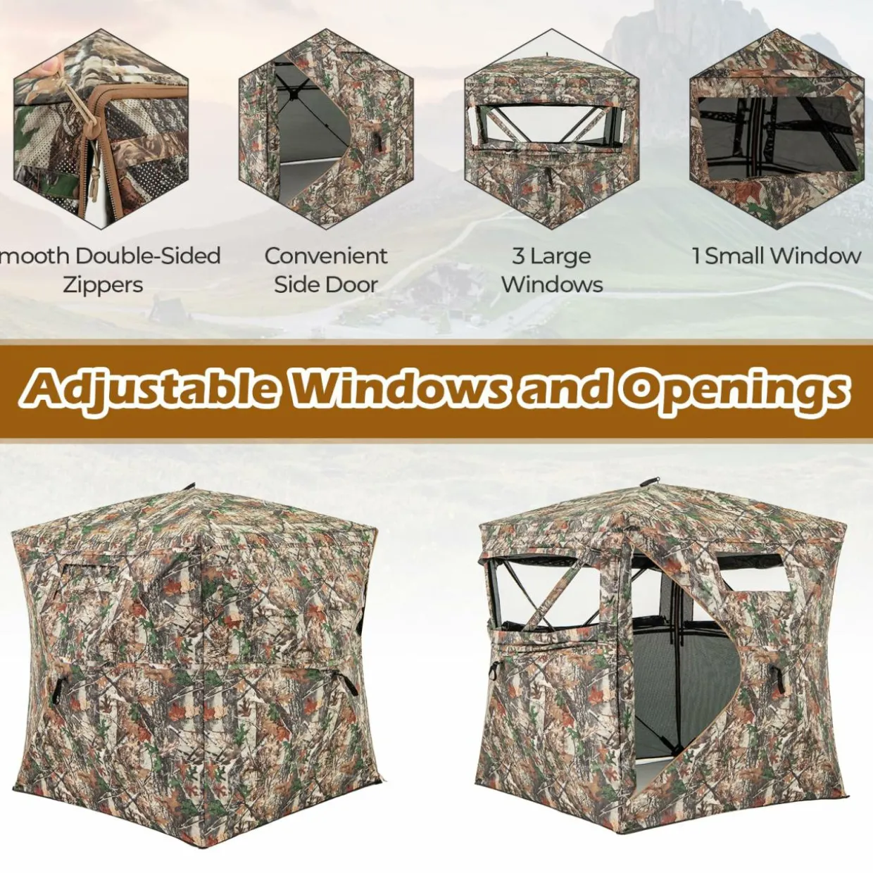 Tangkula 2-3 Person Hunting Blind with Full Open Door, 360 Degree See Through Ground Blind with Silent Slide Windows