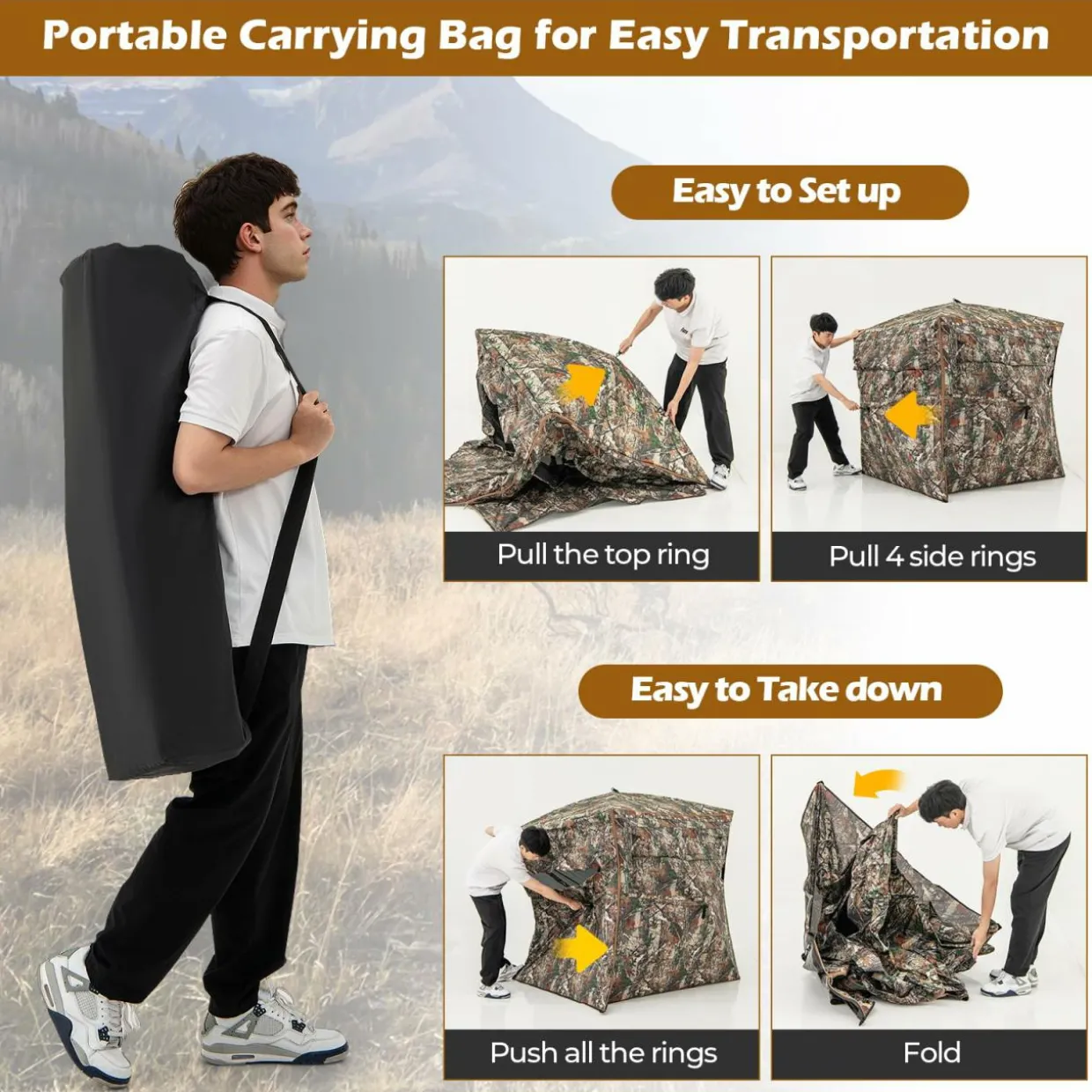 Tangkula 2-3 Person Hunting Blind with Full Open Door, 360 Degree See Through Ground Blind with Silent Slide Windows