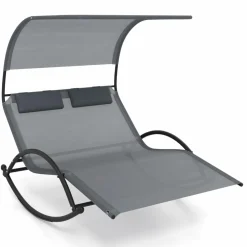 Tangkula 2 Person Lounge Chair with Adjustable Canopy, Outdoor Chaise Lounge with 2 Detachable Pillows (Gray)