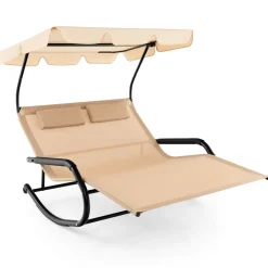 Tangkula 2 Person Lounge Chair with Adjustable Canopy, Outdoor Chaise Lounge with 2 Detachable Pillows and Wheels