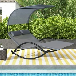 Tangkula 2 Person Lounge Chair with Adjustable Canopy, Outdoor Chaise Lounge with 2 Detachable Pillows (Gray)