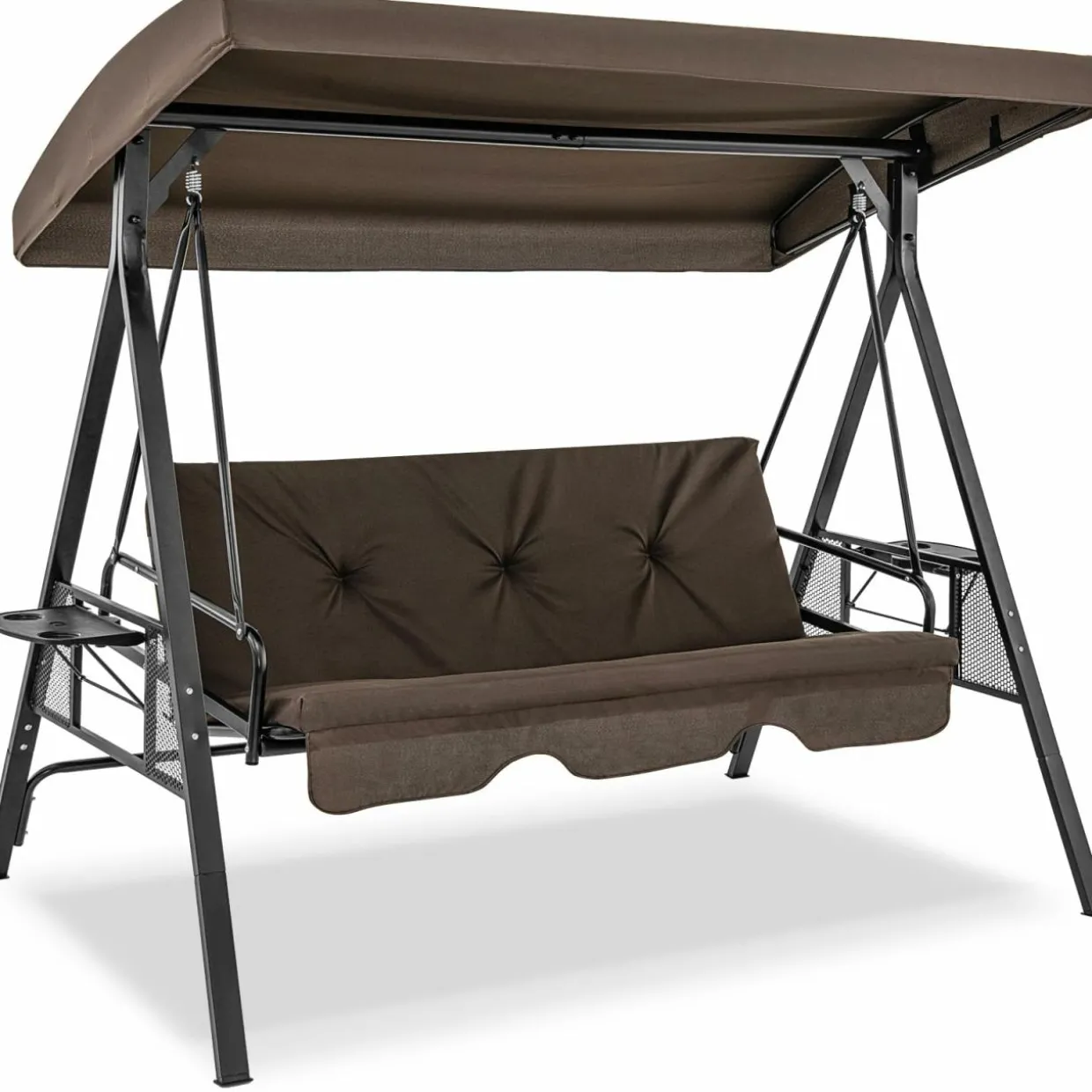 Tangkula 3 Person Porch Swing, 2-in-1 Convertible Patio Swing Bed with Adjustable Canopy, 2 Cup Holder Table