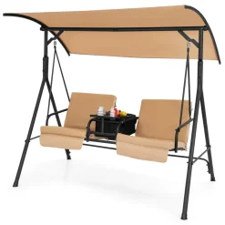 Tangkula 2 Person Porch Swing, Outdoor Swing with Pivot Storage Table
