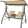 Tangkula 2 Person Porch Swing, Outdoor Swing with Tempered Glass Table (Beige)