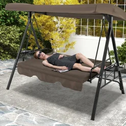 Tangkula 3 Person Porch Swing, 2-in-1 Convertible Patio Swing Bed with Adjustable Canopy, 2 Cup Holder Table