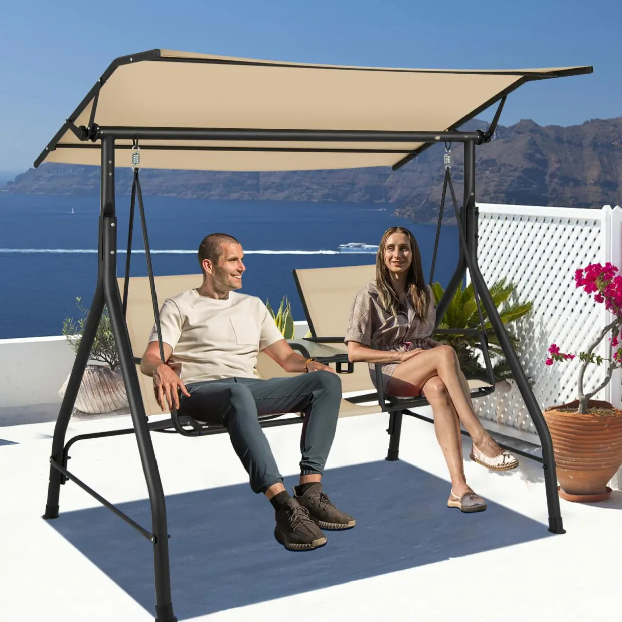 Tangkula 2 Person Porch Swing, Outdoor Swing with Tempered Glass Table (Beige)