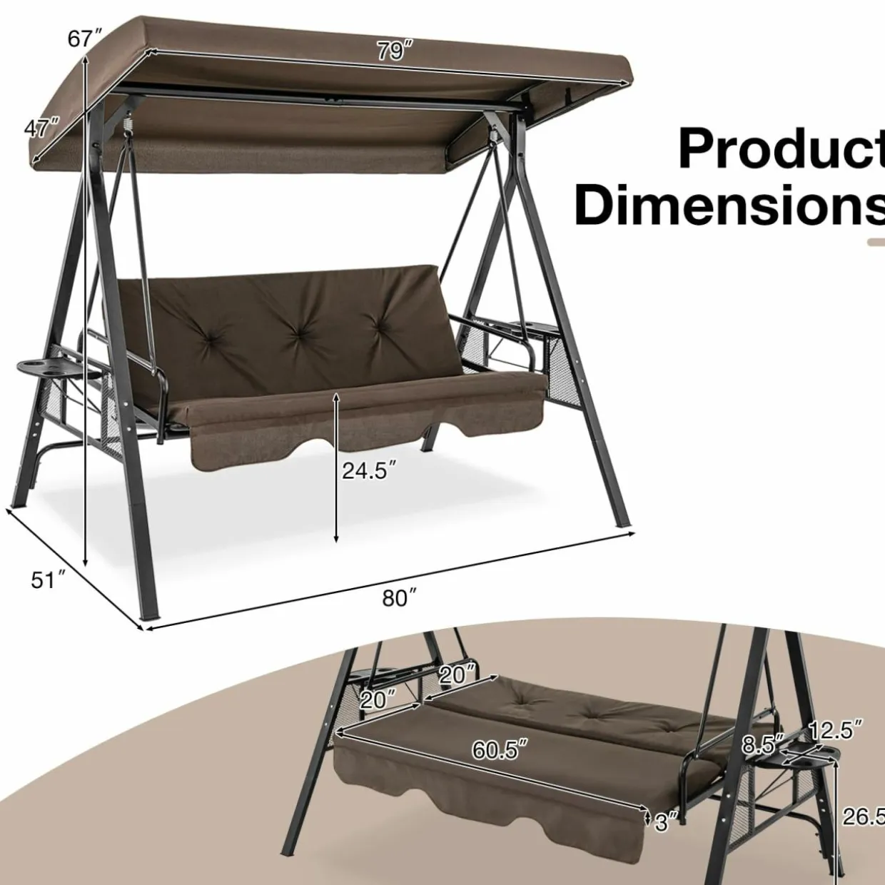 Tangkula 3 Person Porch Swing, 2-in-1 Convertible Patio Swing Bed with Adjustable Canopy, 2 Cup Holder Table