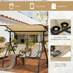 Tangkula 2 Person Porch Swing, Outdoor Swing with Tempered Glass Table (Beige)