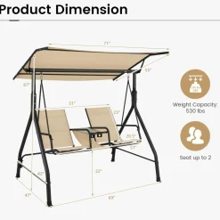 Tangkula 2 Person Porch Swing, Outdoor Swing with Tempered Glass Table (Beige)
