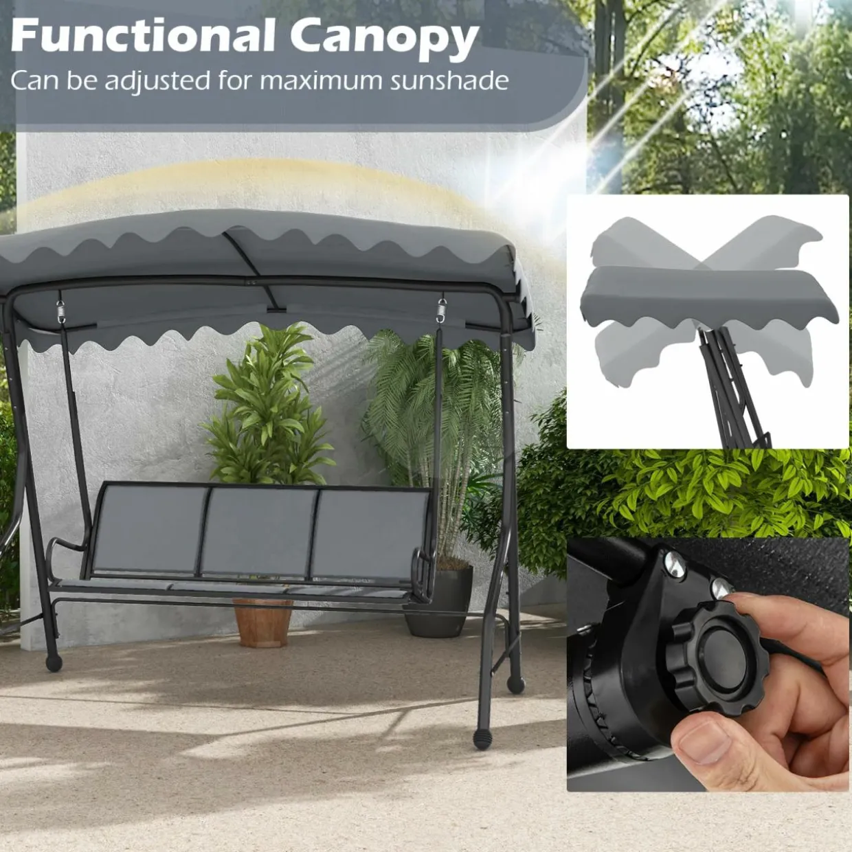 Tangkula 3 Person Porch Swing, Patio Swing with Adjustable Canopy, Heavy-Duty Metal Frame & Breathable Seat