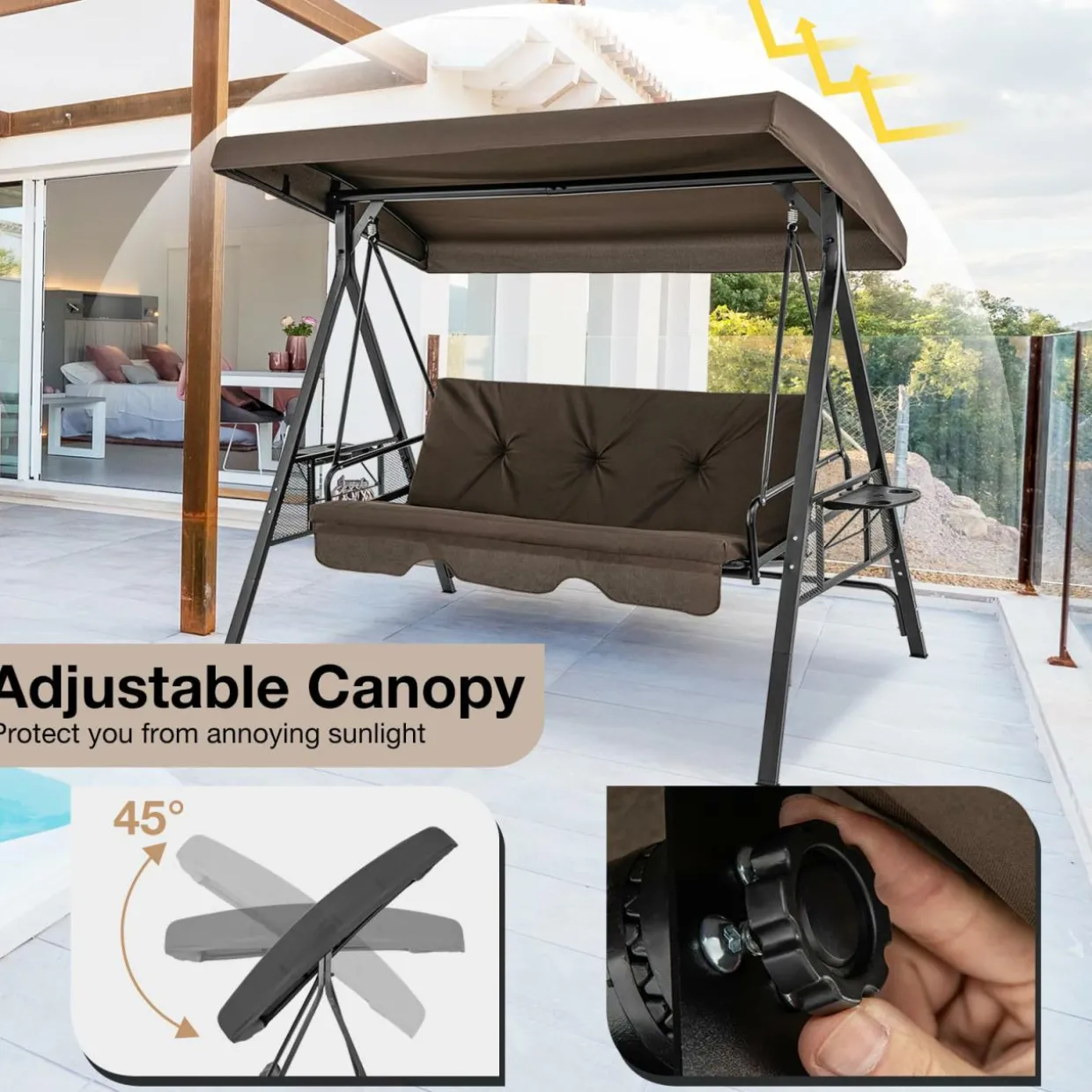 Tangkula 3 Person Porch Swing, 2-in-1 Convertible Patio Swing Bed with Adjustable Canopy, 2 Cup Holder Table