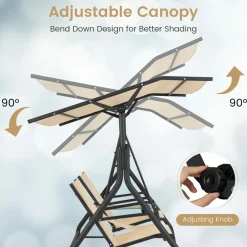 Tangkula 2 Person Porch Swing, Outdoor Swing with Tempered Glass Table (Beige)