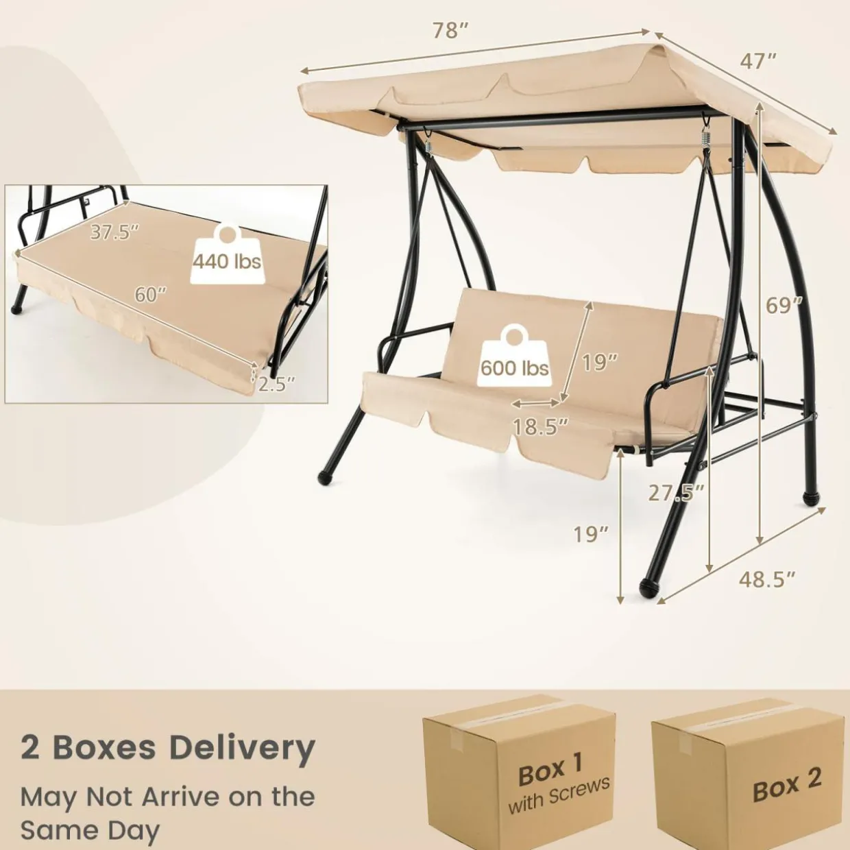Tangkula 2 Person Porch Swing, 2-in-1 Convertible Outdoor Swing Bed with Adjustable Canopy