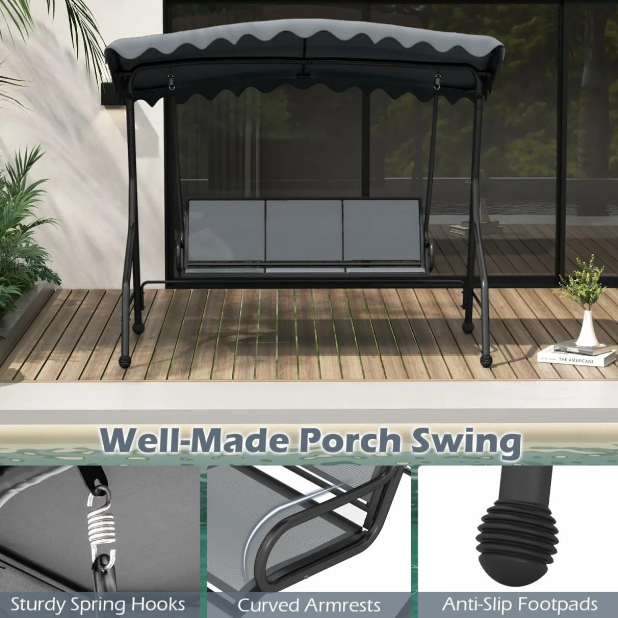 Tangkula 3 Person Porch Swing, Patio Swing with Adjustable Canopy, Heavy-Duty Metal Frame & Breathable Seat