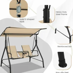 Tangkula 2 Person Porch Swing, Outdoor Swing with Tempered Glass Table (Beige)
