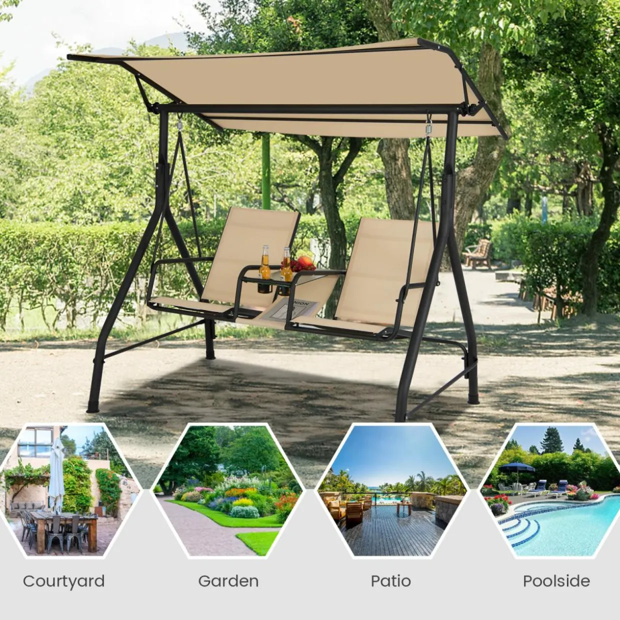 Tangkula 2 Person Porch Swing, Outdoor Swing with Tempered Glass Table (Beige)