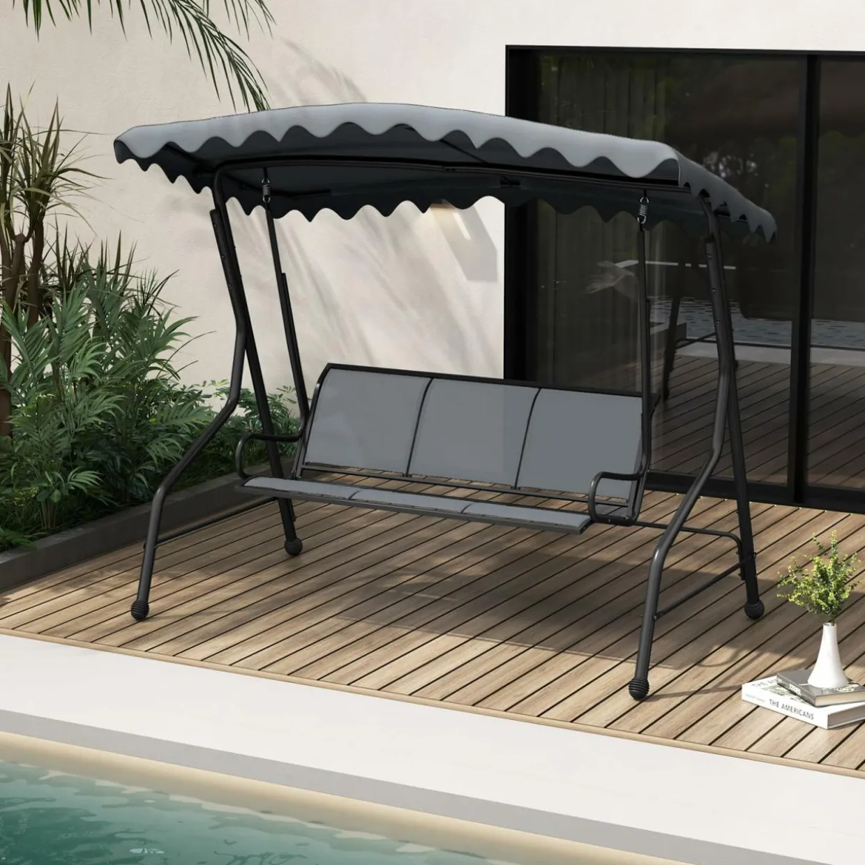 Tangkula 3 Person Porch Swing, Patio Swing with Adjustable Canopy, Heavy-Duty Metal Frame & Breathable Seat