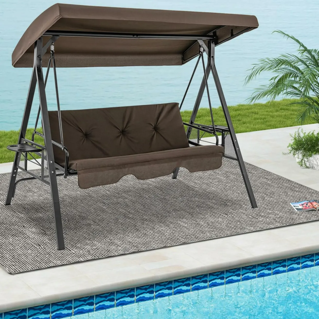 Tangkula 3 Person Porch Swing, 2-in-1 Convertible Patio Swing Bed with Adjustable Canopy, 2 Cup Holder Table