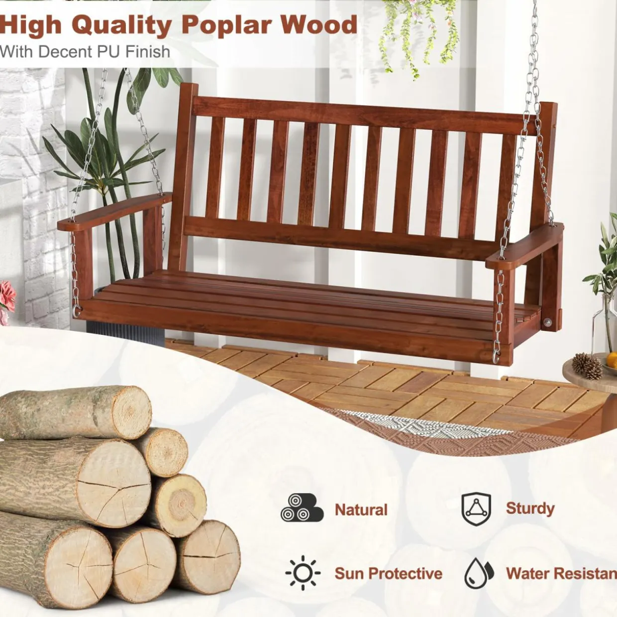 Tangkula 2/3 Person Wooden Porch Swing, Hanging Patio Swing with 2 Adjustable Galvanized Metal Chains