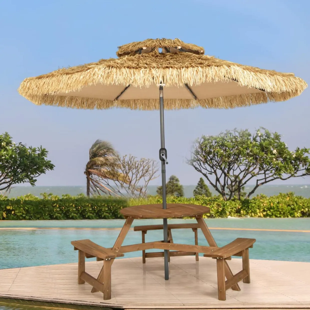 Tangkula 6 Person Wooden Picnic Table, Outdoor Round Picnic Table with 3 Built-in Benches