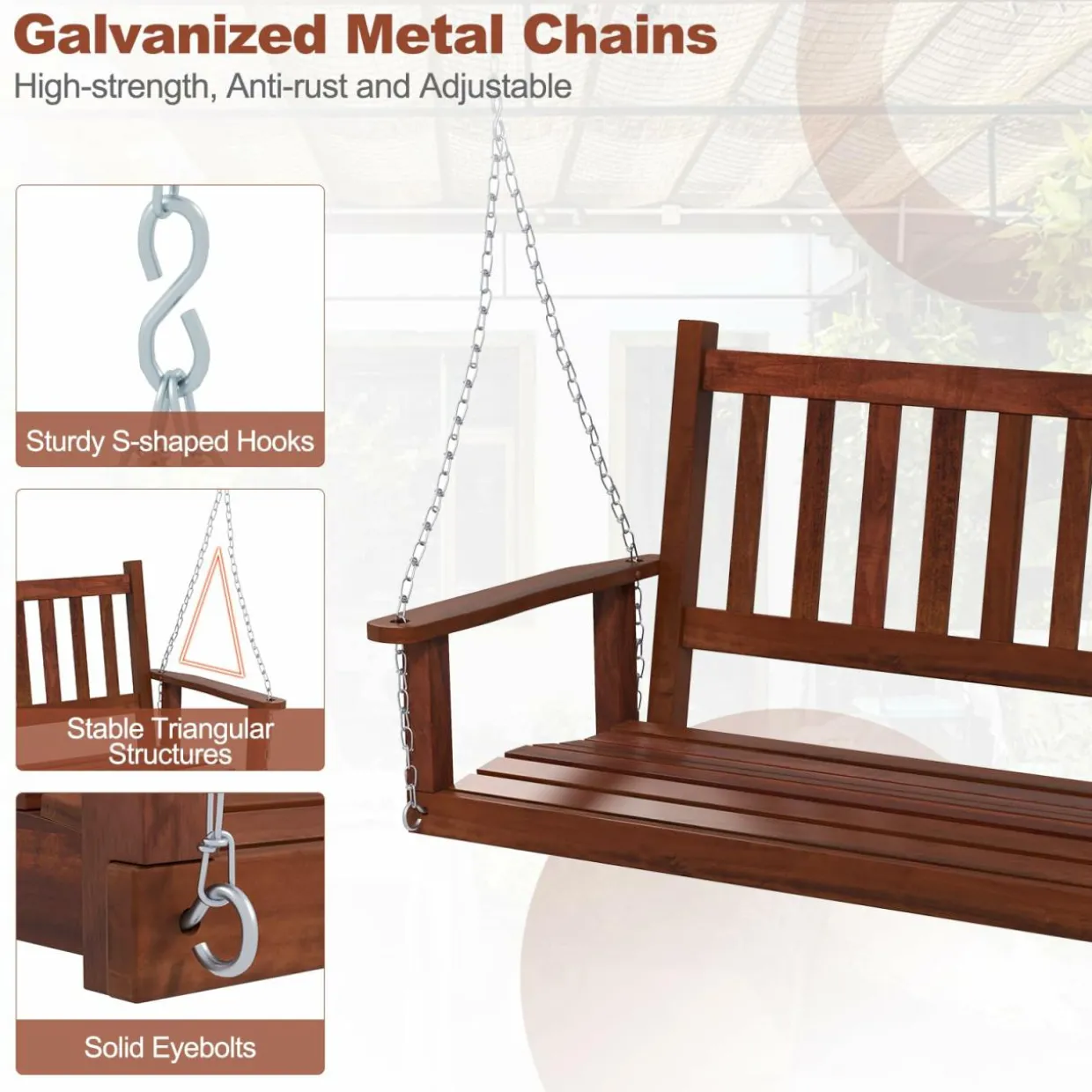 Tangkula 2/3 Person Wooden Porch Swing, Hanging Patio Swing with 2 Adjustable Galvanized Metal Chains
