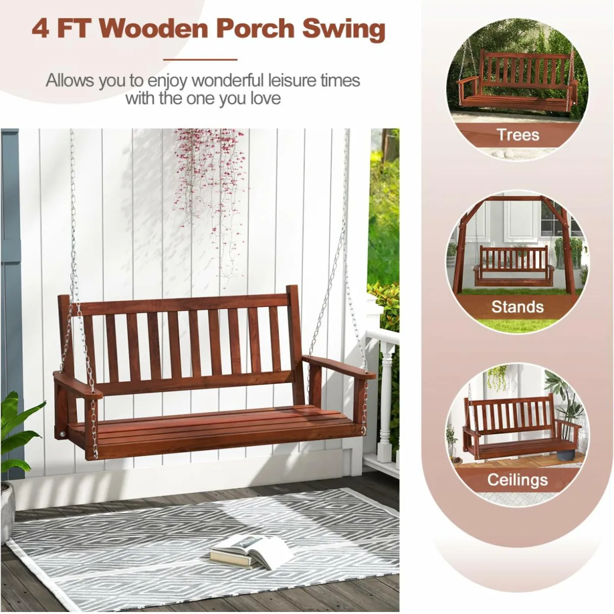 Tangkula 2/3 Person Wooden Porch Swing, Hanging Patio Swing with 2 Adjustable Galvanized Metal Chains