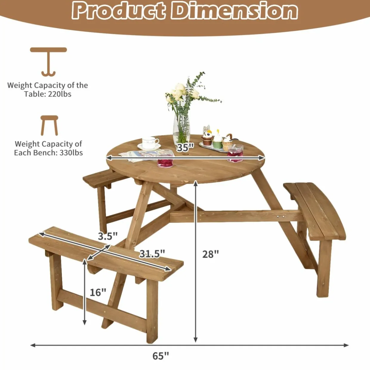 Tangkula 6 Person Wooden Picnic Table, Outdoor Round Picnic Table with 3 Built-in Benches