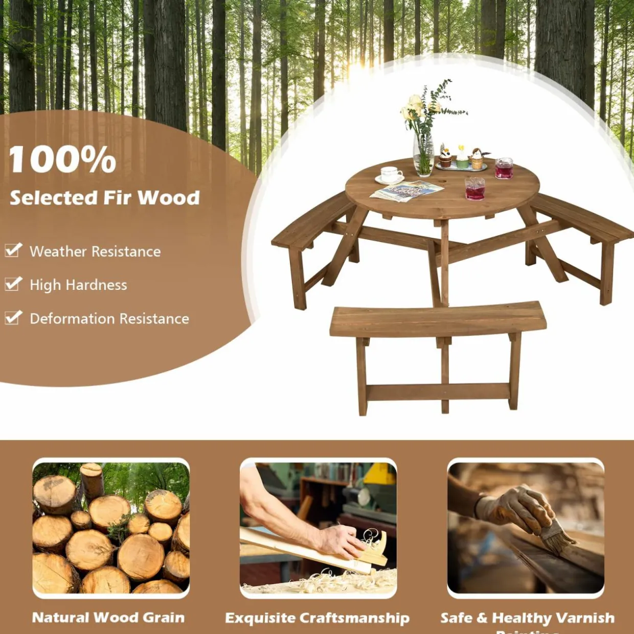 Tangkula 6 Person Wooden Picnic Table, Outdoor Round Picnic Table with 3 Built-in Benches