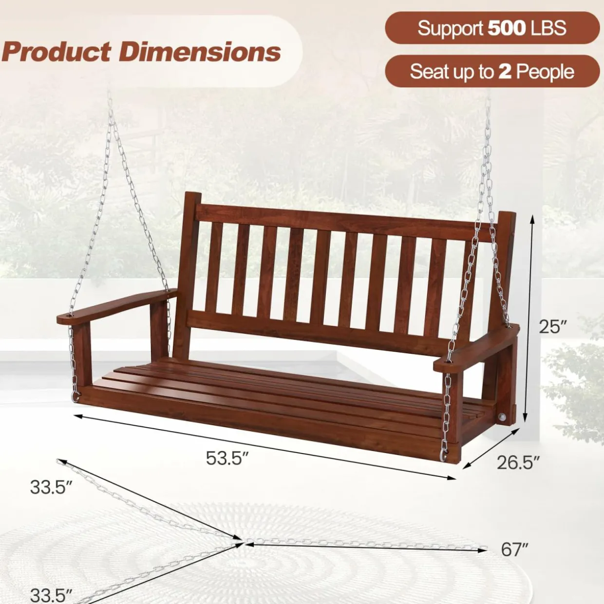 Tangkula 2/3 Person Wooden Porch Swing, Hanging Patio Swing with 2 Adjustable Galvanized Metal Chains