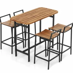 Tangkula 5 Piece Acacia Wood Bar Table Set, Outdoor Bar Height Table & Chairs with Metal Frame & Footrest