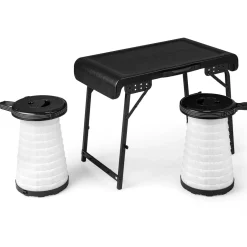 Tangkula 3 Piece Camping Table Set, Folding Camping Table with 2 Collapsible LED Stools