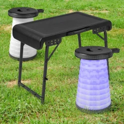 Tangkula 3 Piece Camping Table Set, Folding Camping Table with 2 Collapsible LED Stools
