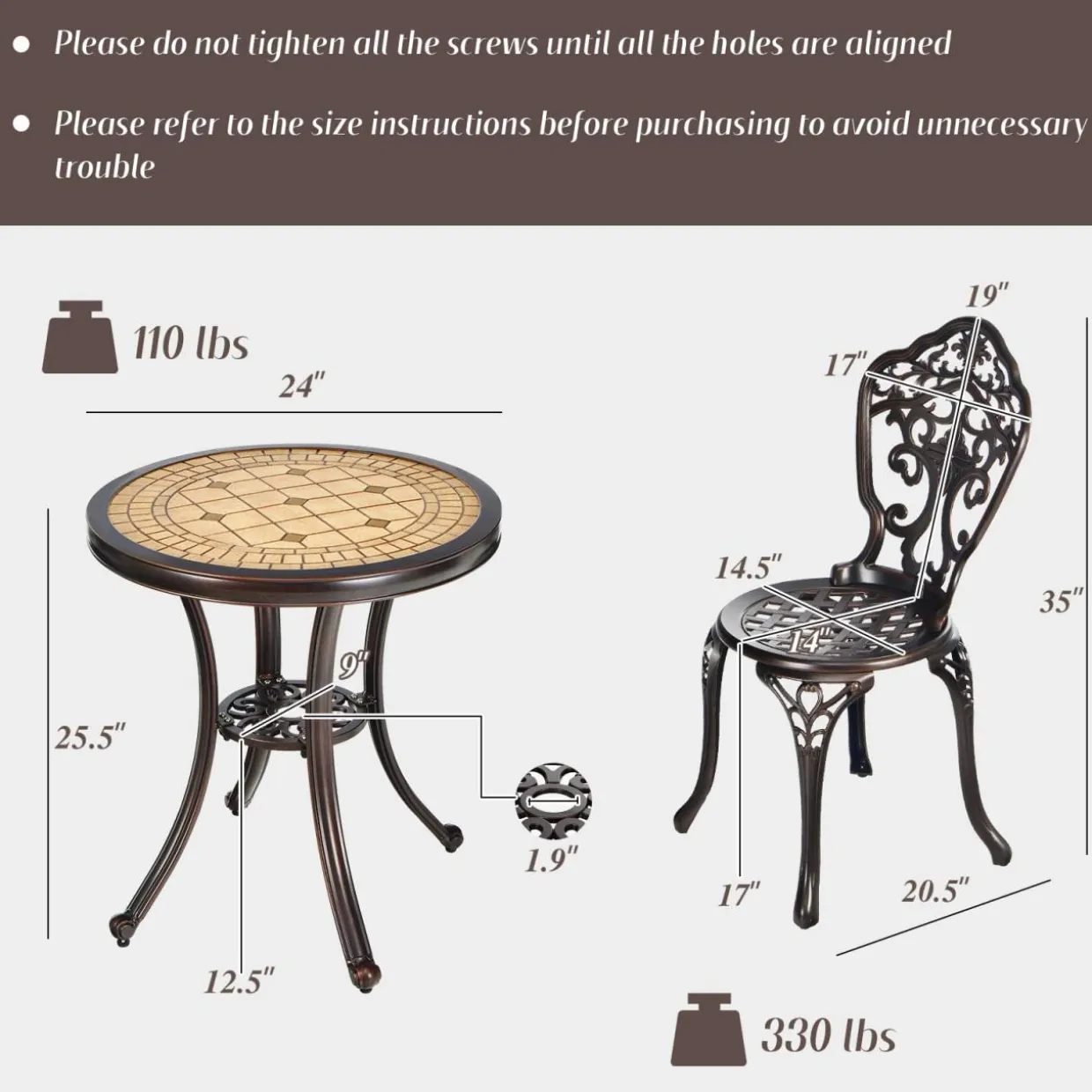 Tangkula 3 Piece Cast Aluminum Bistro Set