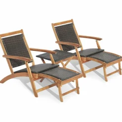 Tangkula 3 Piece Chaise Lounge Chair Set, Acacia Wood Deck Chairs with Side Table